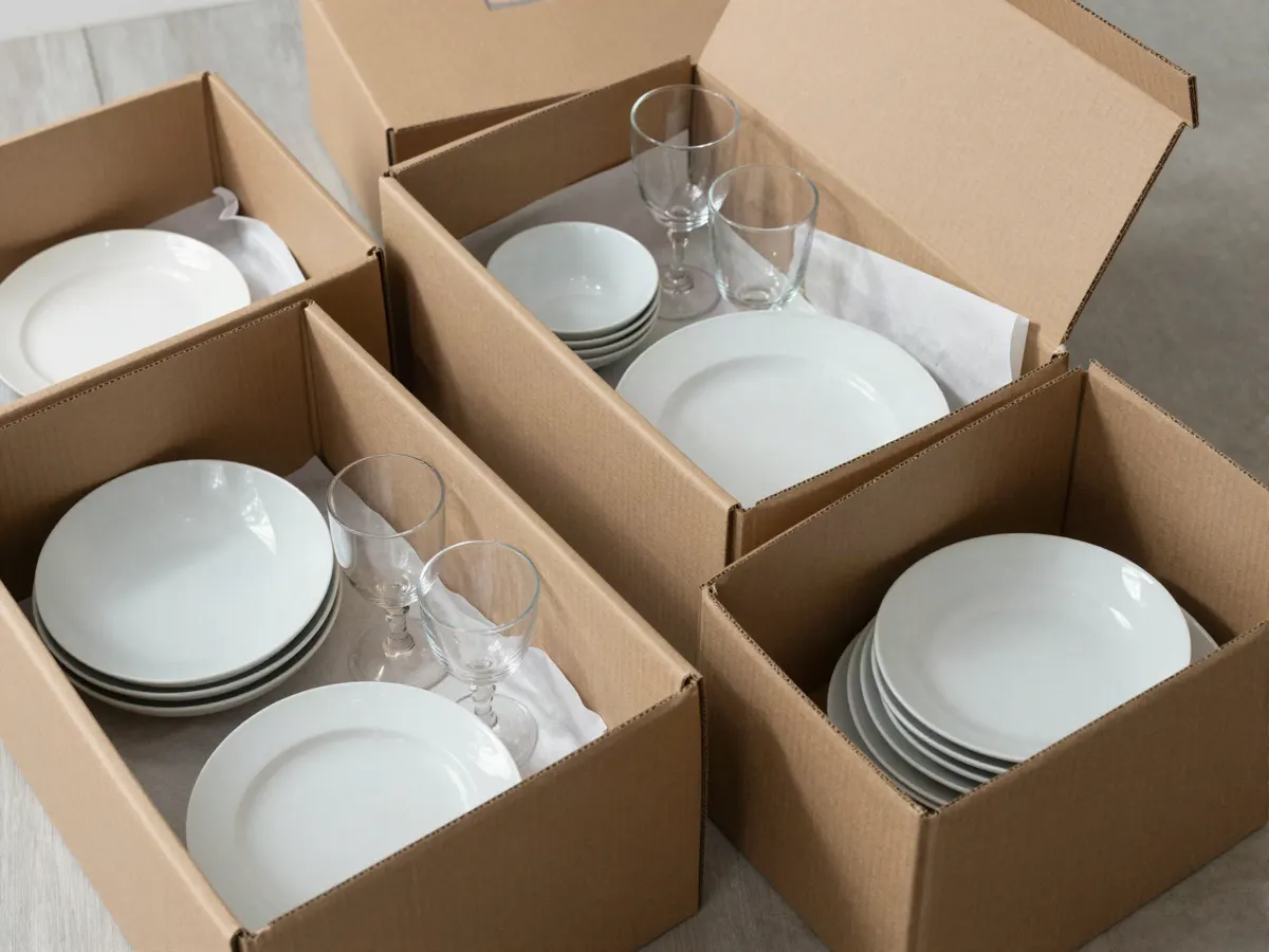Tabak ve bardakların kâğıt ve kolilerle paketlenmesi